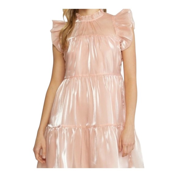 Entro Pink Ruffle Sleeve Tiered Mini Dress High Neck Party Women Size Medium NWT - Picture 12 of 14